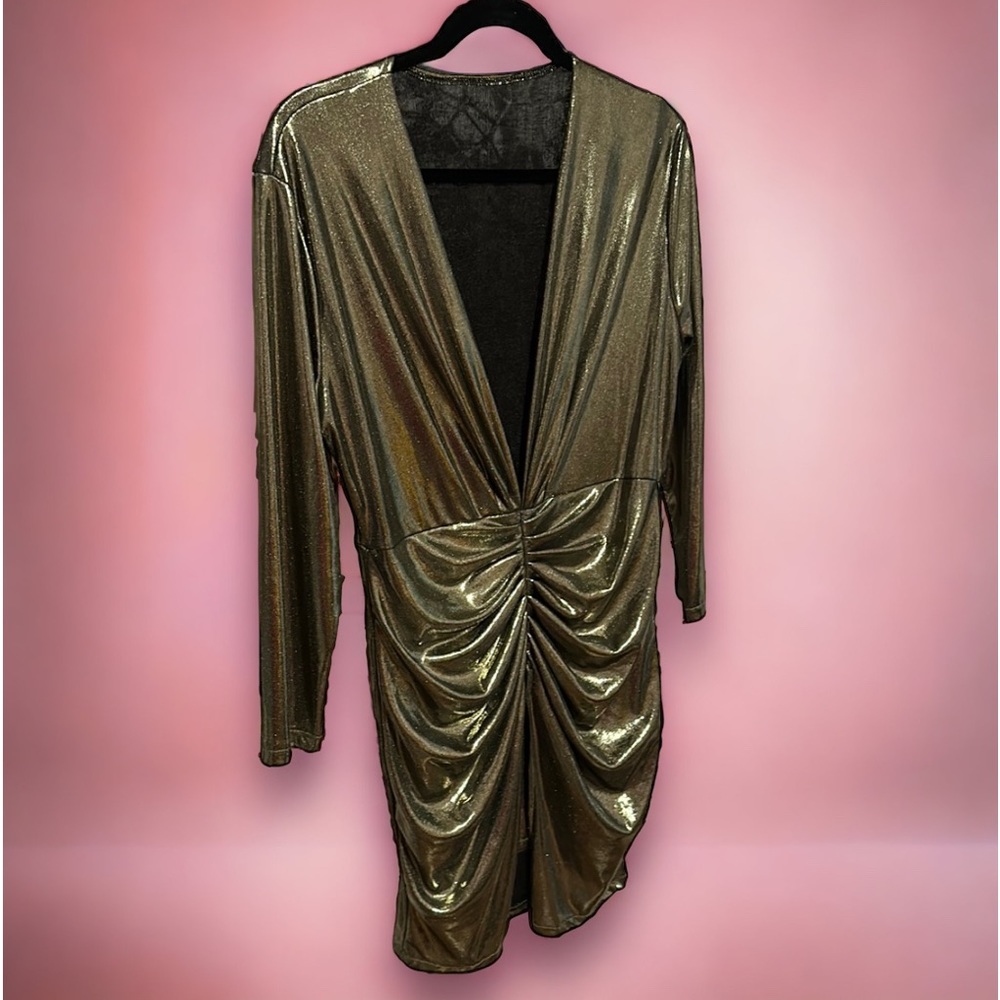 NWOT solid gold, shimmer dress with a deep v neck